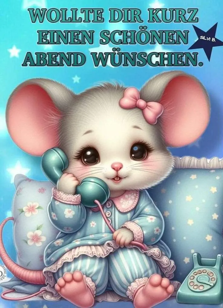 Ein niedliches Maus-Mädchen in blauem Schlafanzug sitzt auf einem Bett und hält einen Hörer ans Ohr, während ein Telefon neben ihr steht.